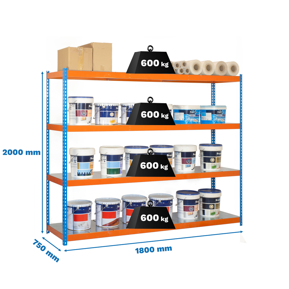 Étagère charge moyenne 500 à 600kg - 2000x1800x750 - 4 niveaux Bleu/Orange - SIMON RACK - 8435104990872