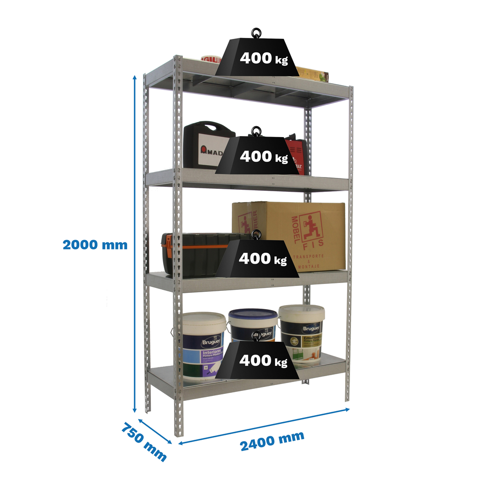 Étagère charge moyenne 500 à 600kg - 2000x2400x750 - 4 niveaux Galvanisé - SIMON RACK - 8435104990889