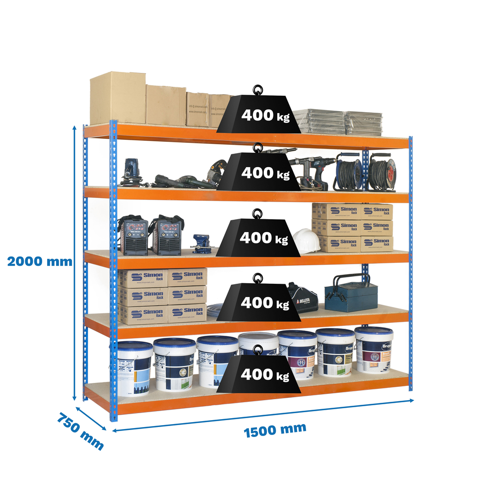 Étagère charge moyenne 400kg - 2000x1500x750 - 5 niveaux Bleu/Orange/Bois - SIMON RACK - 8435104991473