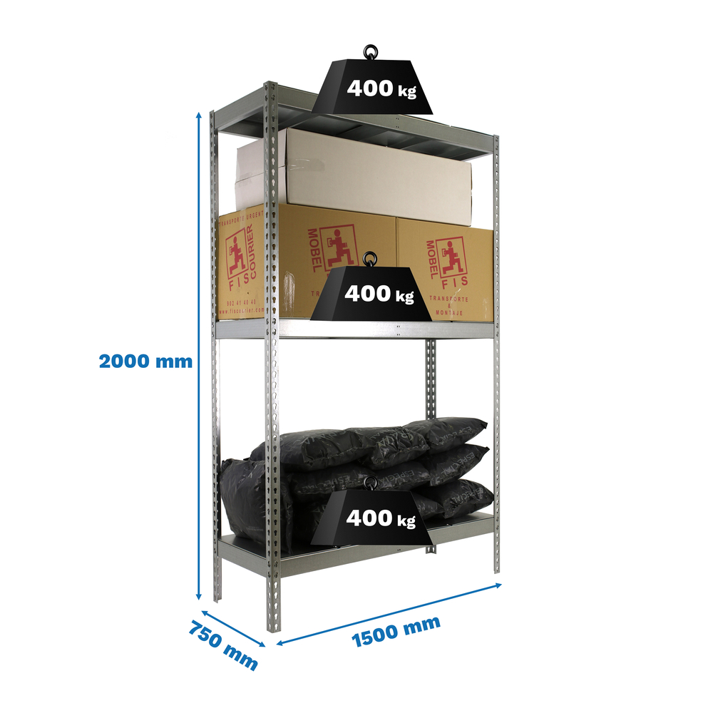 Étagère charge moyenne 400kg - 2000x1500x750 - 3 niveaux Galvanisé - SIMON RACK - 8435104991589