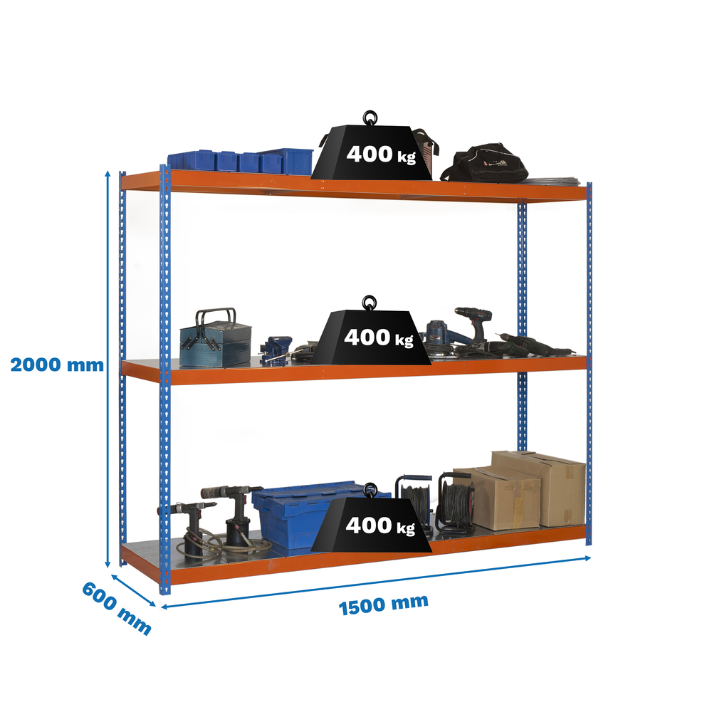 Étagère charge moyenne 400kg - 2000x1500x750 - 3 niveaux Bleu/Orange - SIMON RACK - 8435104991596