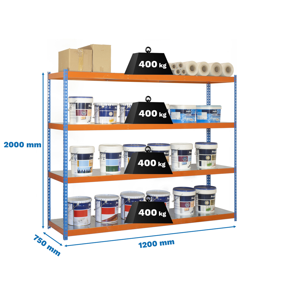 Étagère charge moyenne 400kg - 2000x1200x750 - 4 niveaux Bleu/Orange - SIMON RACK - 8435104991633