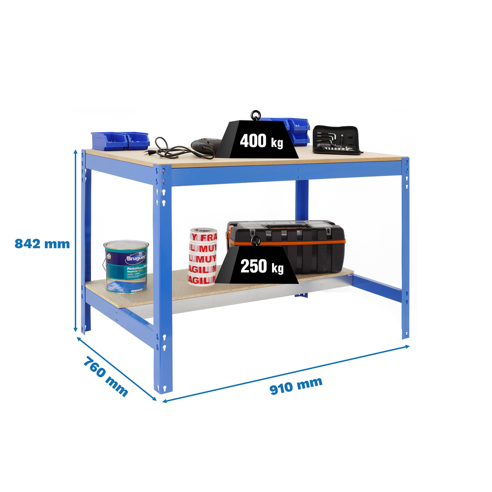 Kit établi Bricolage - 842x910x760 - 2 niveaux Bleu/Bois - SIMON RACK - 8435104991961