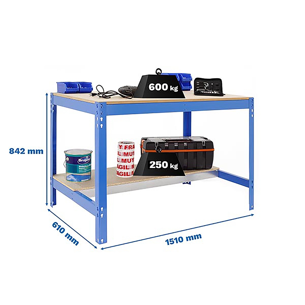 Kit établi Bricolage - 842x1510x610 - 2 niveaux Bleu/Bois - SIMON RACK - 8435104992050