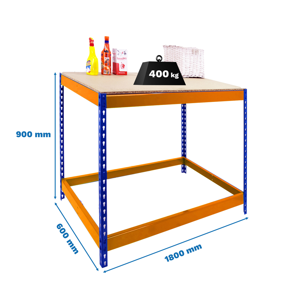 Kit établi Basic - 900x1800x600 - 1 niveau Bleu/Orange/Bois - SIMON RACK - 8435104992128
