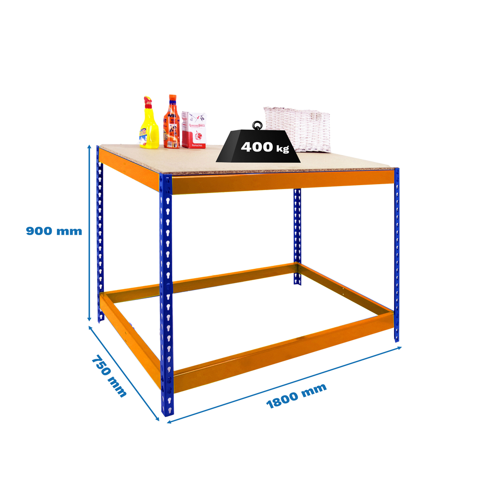 Kit établi Basic - 900x1800x750 - 1 niveau Bleu/Orange/Bois - SIMON RACK - 8435104992166