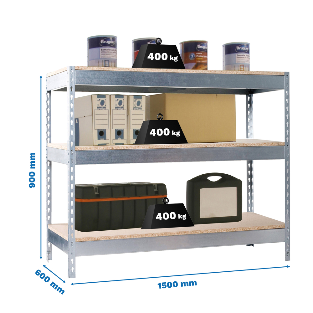 Kit établi Basic - 900x1500x600 - 3 niveaux Galvanisé/Bois - SIMON RACK - 8435104992838