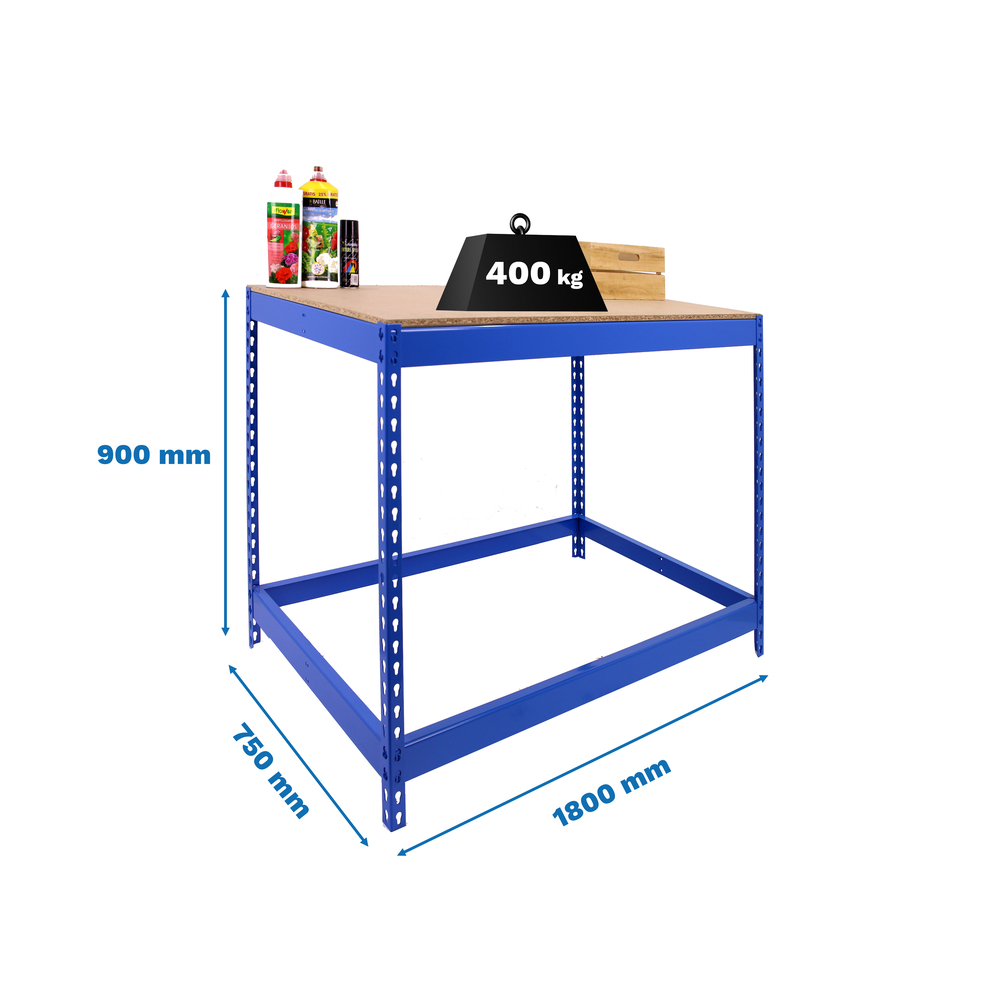 Kit établi Basic - 900x1800x750 - 1 niveau Bleu/Bois - SIMON RACK - 8435104993002