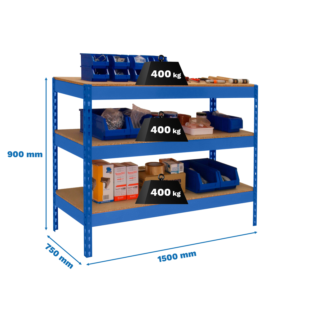 Kit établi Basic - 900x1500x750 - 3 niveaux Bleu/Bois - SIMON RACK - 8435104993231
