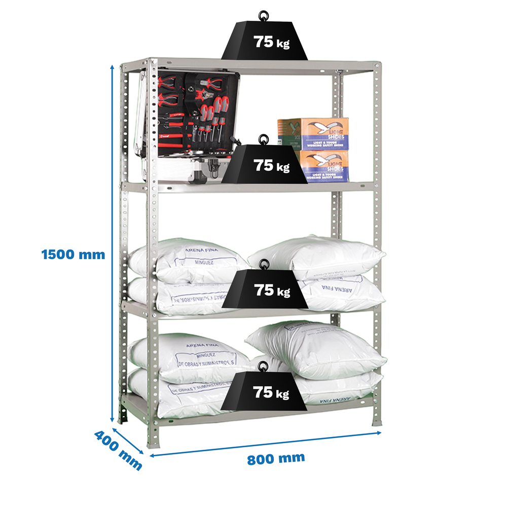 Rayonnage métallique léger à vis 1500x800x400 - 4 niveaux Gris - SIMON RACK - 8435104993583