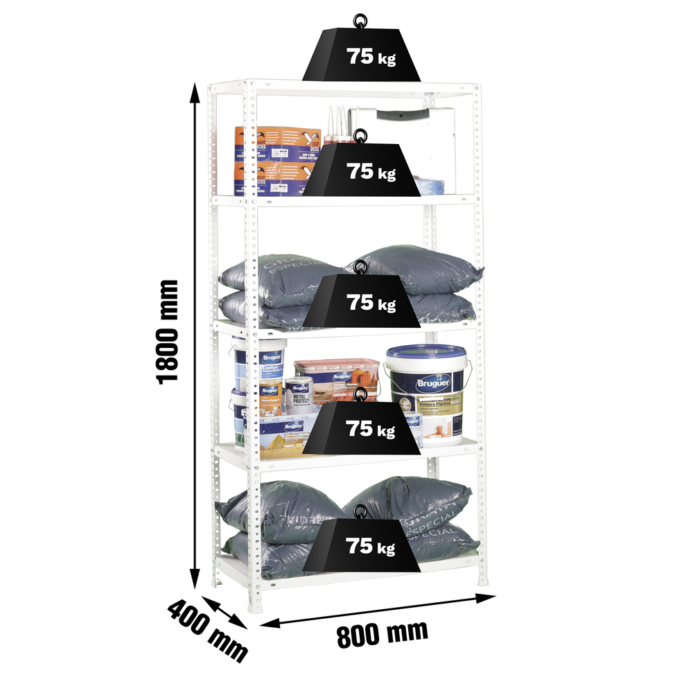 Rayonnage métallique léger à vis 1800x800x400 - 5 niveaux Blanc - SIMON RACK - 8435104993606