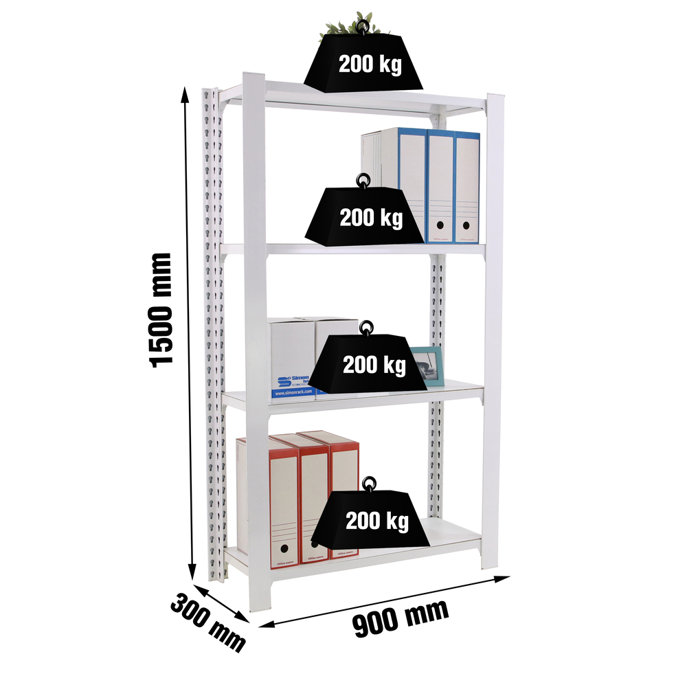 Rayonnage de bureau charge légère sans vis 1500x900x300 - 4 niveaux Blanc - SIMON RACK - 8435104993958