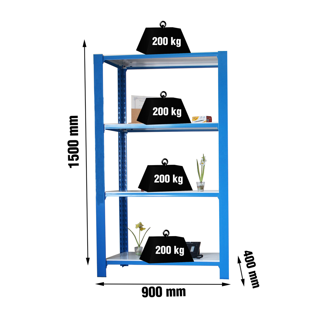 Rayonnage de bureau charge légère sans vis 1500x900x400 - 4 niveaux Bleu/Blanc - SIMON RACK - 8435104994092