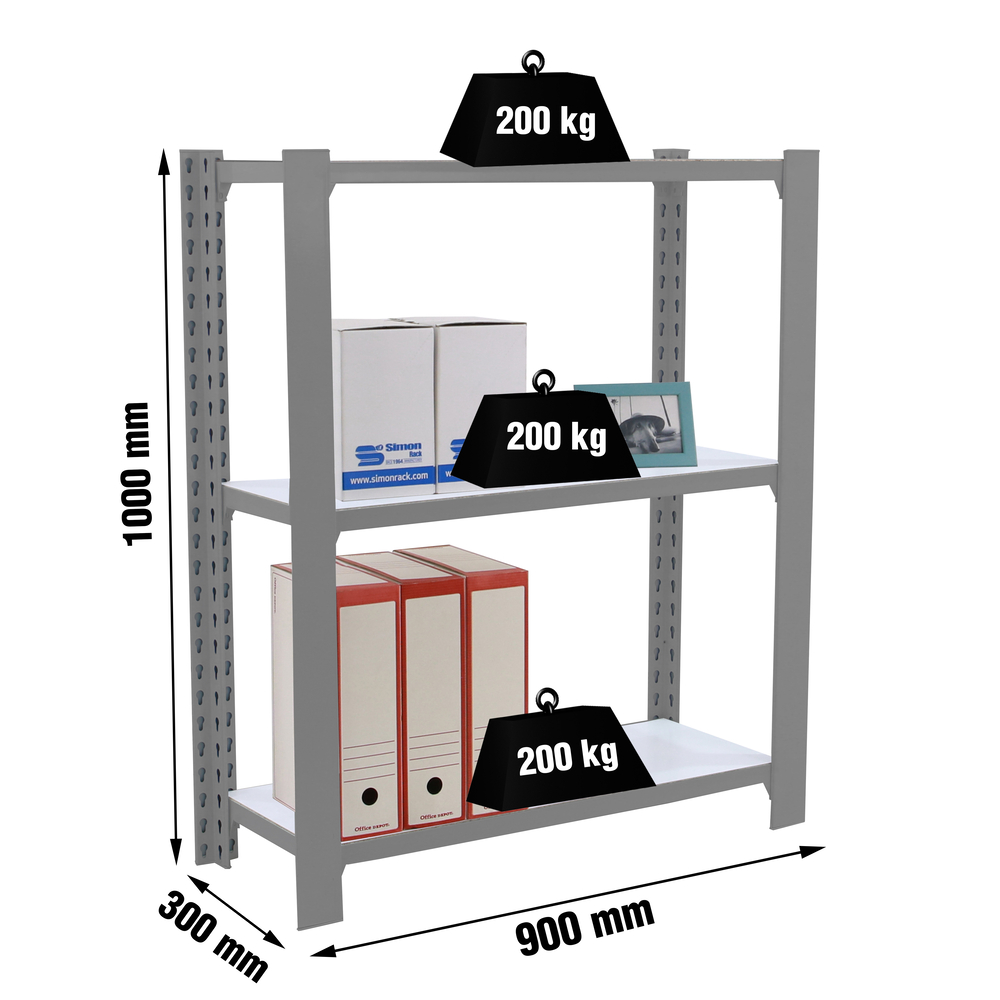 Rayonnage de bureau charge légère sans vis 1000x900x300 - 3 niveaux Gris/Blanc - SIMON RACK - 8435104994184