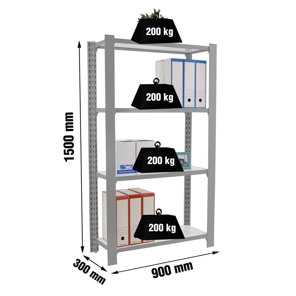 Rayonnage de bureau charge légère sans vis 1500x900x300 - 4 niveaux Gris/Blanc - SIMON RACK - 8435104994238