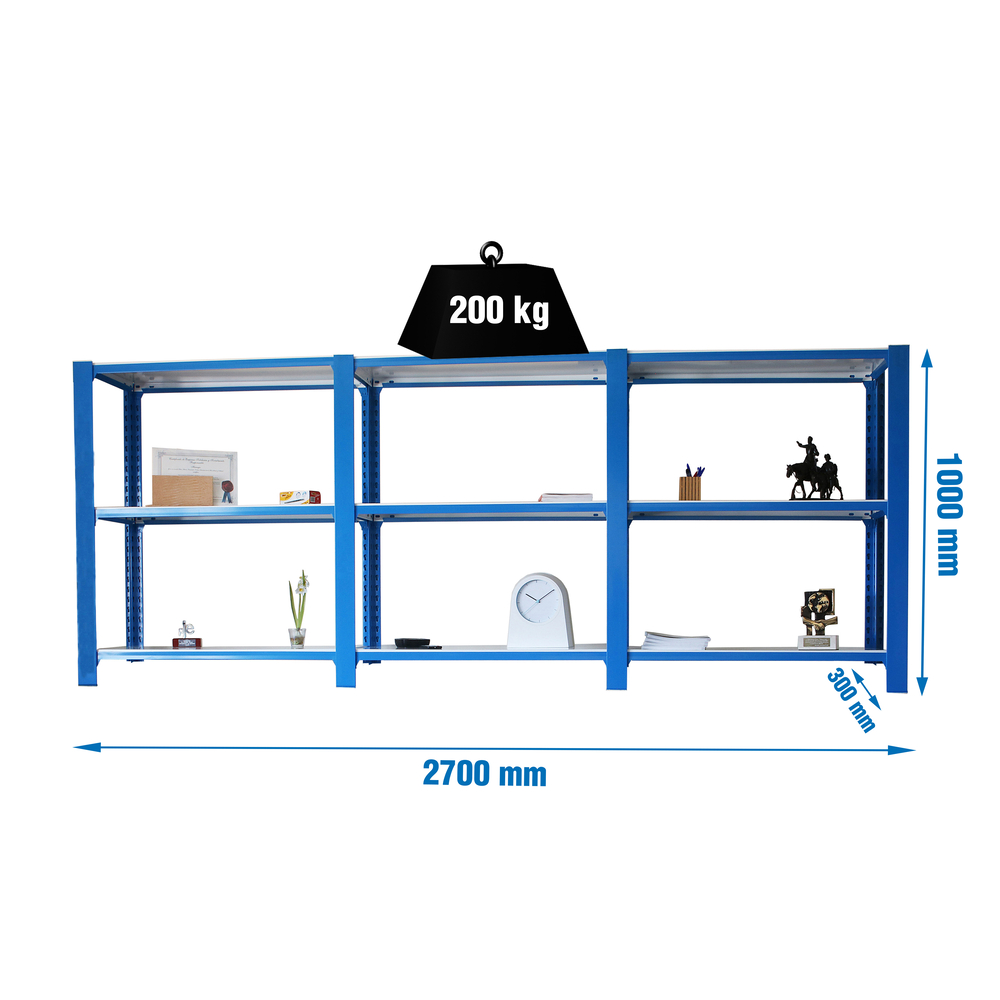 Rayonnage de bureau charge légère sans vis 1000x2700x300 - 3 niveaux Bleu/Blanc - SIMON RACK - 8435104998335