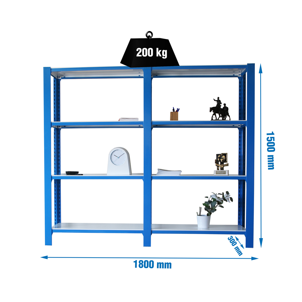 Rayonnage de bureau charge légère sans vis 1500x1800x300 - 4 niveaux Bleu/Blanc - SIMON RACK - 8435104998427