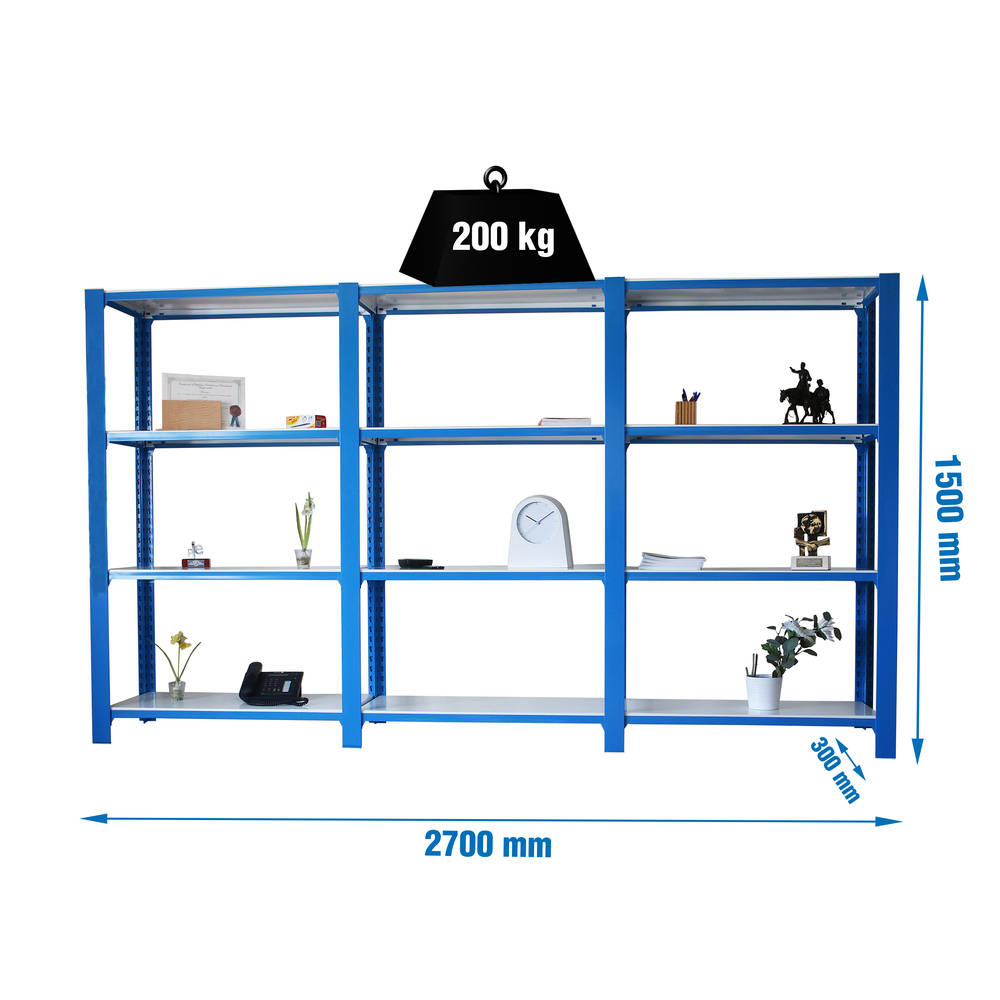 Rayonnage de bureau charge légère sans vis 1500x2700x300 - 4 niveaux Bleu/Blanc - SIMON RACK - 8435104998458