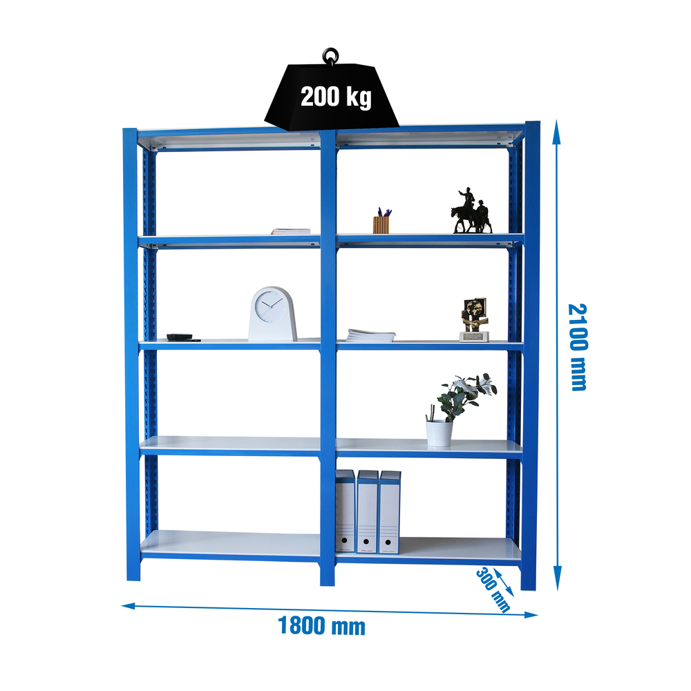 Rayonnage de bureau charge légère sans vis 2100x1800x300 - 5 niveaux Bleu/Blanc - SIMON RACK - 8435104998540