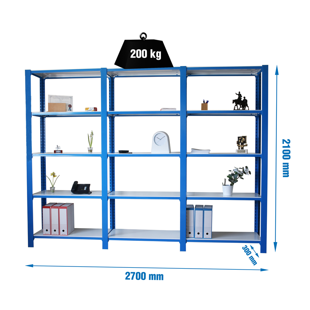 Rayonnage de bureau charge légère sans vis 2100x2700x300 - 5 niveaux Bleu/Blanc - SIMON RACK - 8435104998571