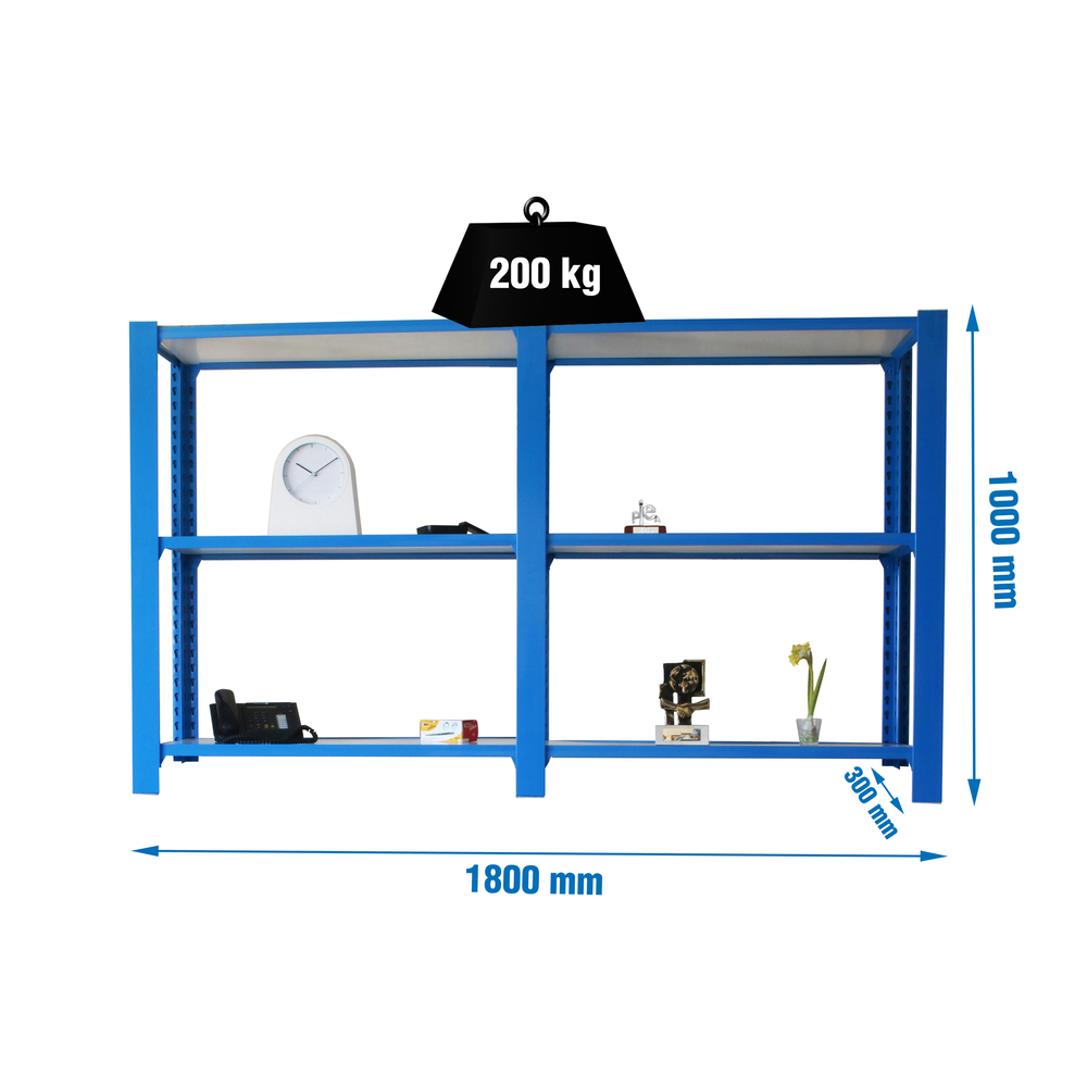 Rayonnage de bureau charge légère sans vis 1000x1800x300 - 3 niveaux Bleu/Blanc - SIMON RACK - 8435104998694