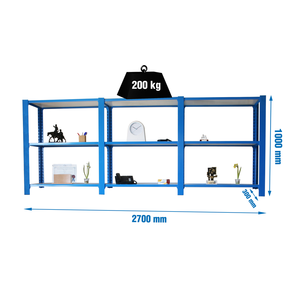 Rayonnage de bureau charge légère sans vis 1000x2700x300 - 3 niveaux Bleu/Blanc - SIMON RACK - 8435104998786