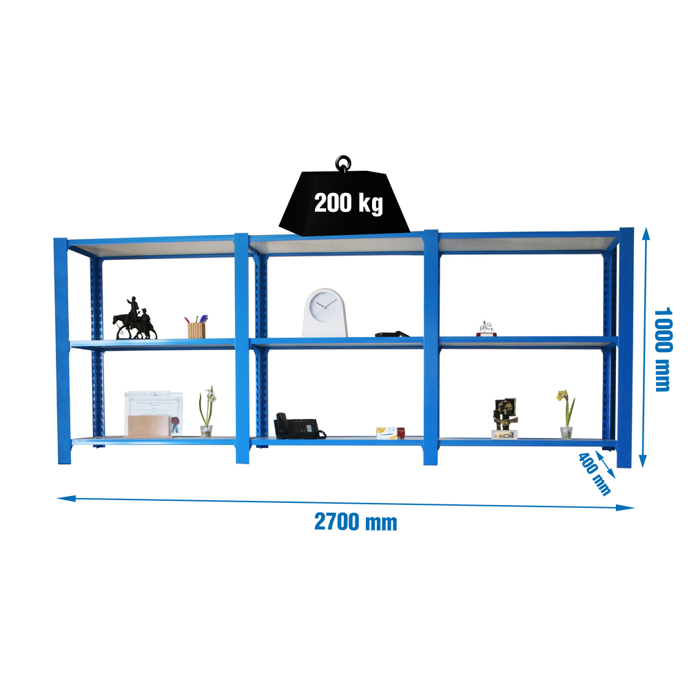 Rayonnage de bureau charge légère sans vis 1000x2700x400 - 3 niveaux Bleu/Blanc - SIMON RACK - 8435104998960