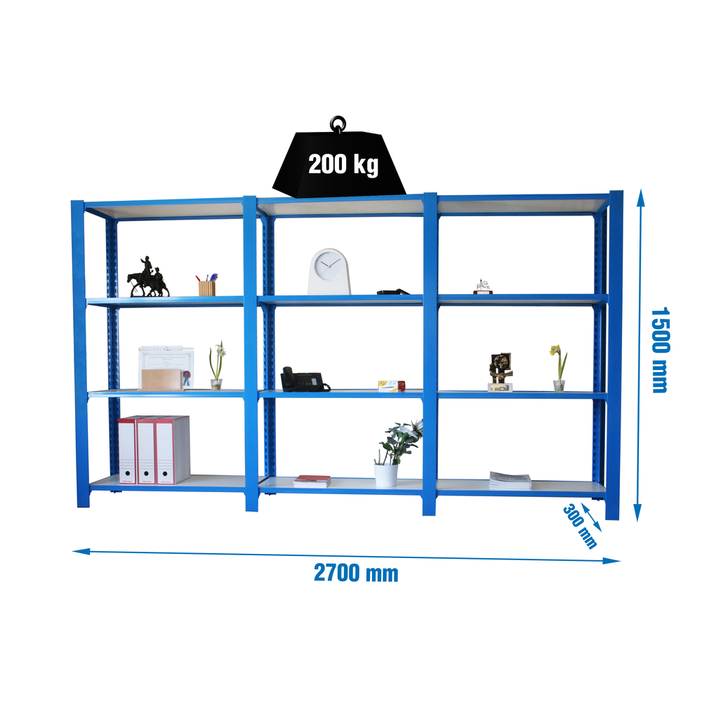 Rayonnage de bureau charge légère sans vis 1500x2700x300 - 4 niveaux Bleu/Blanc - SIMON RACK - 8435104999141