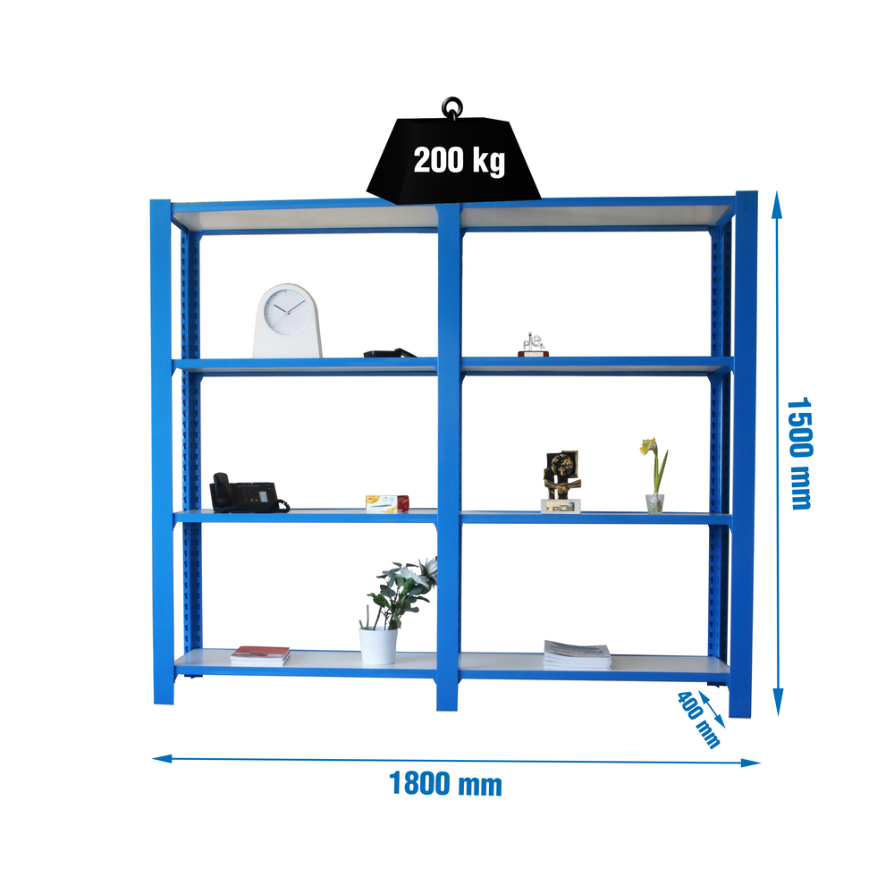 Rayonnage de bureau charge légère sans vis 1500x1800x400 - 4 niveaux Bleu/Blanc - SIMON RACK - 8435104999233