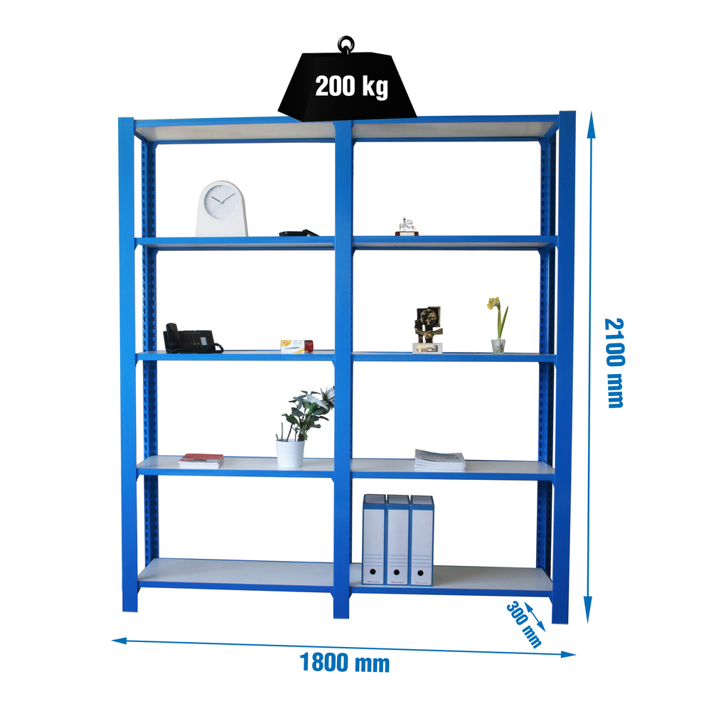 Rayonnage de bureau charge légère sans vis 2100x1800x300 - 5 niveaux Bleu/Blanc - SIMON RACK - 8435104999417