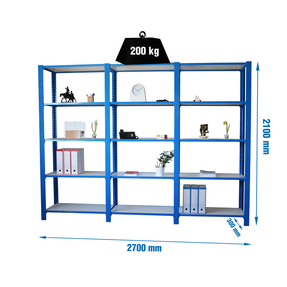 Rayonnage de bureau charge légère sans vis 2100x2700x300 - 5 niveaux Bleu/Blanc - SIMON RACK - 8435104999509