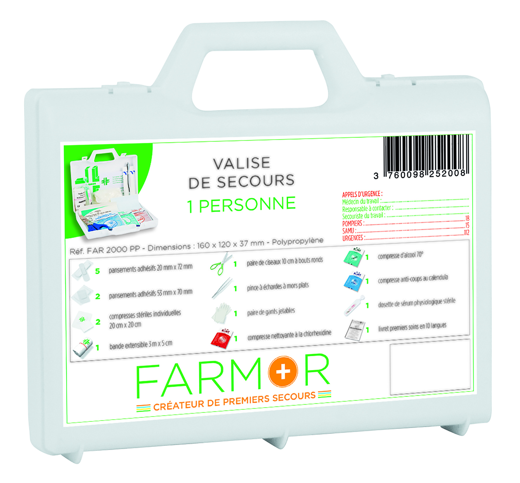 VALISE DE SECOURS FARMOR INDIVIDUELLE POUR 1 PERSONNE -FAR2000PP