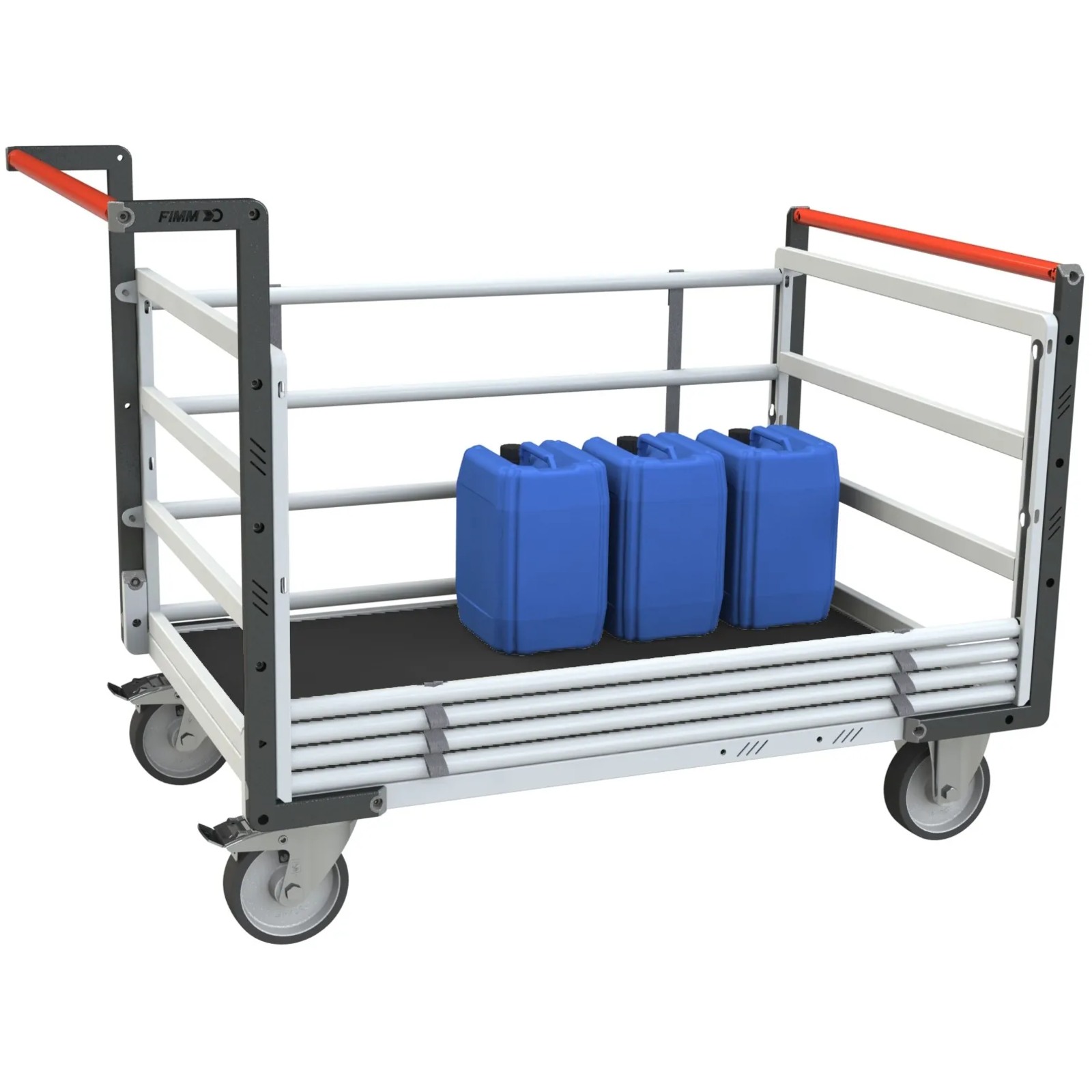 Chariot avec 2 dossiers + 2 ridelles et plateau bois avec tapis caoutchouc 1000x600 mm 500 kg - FIMM - 806724535