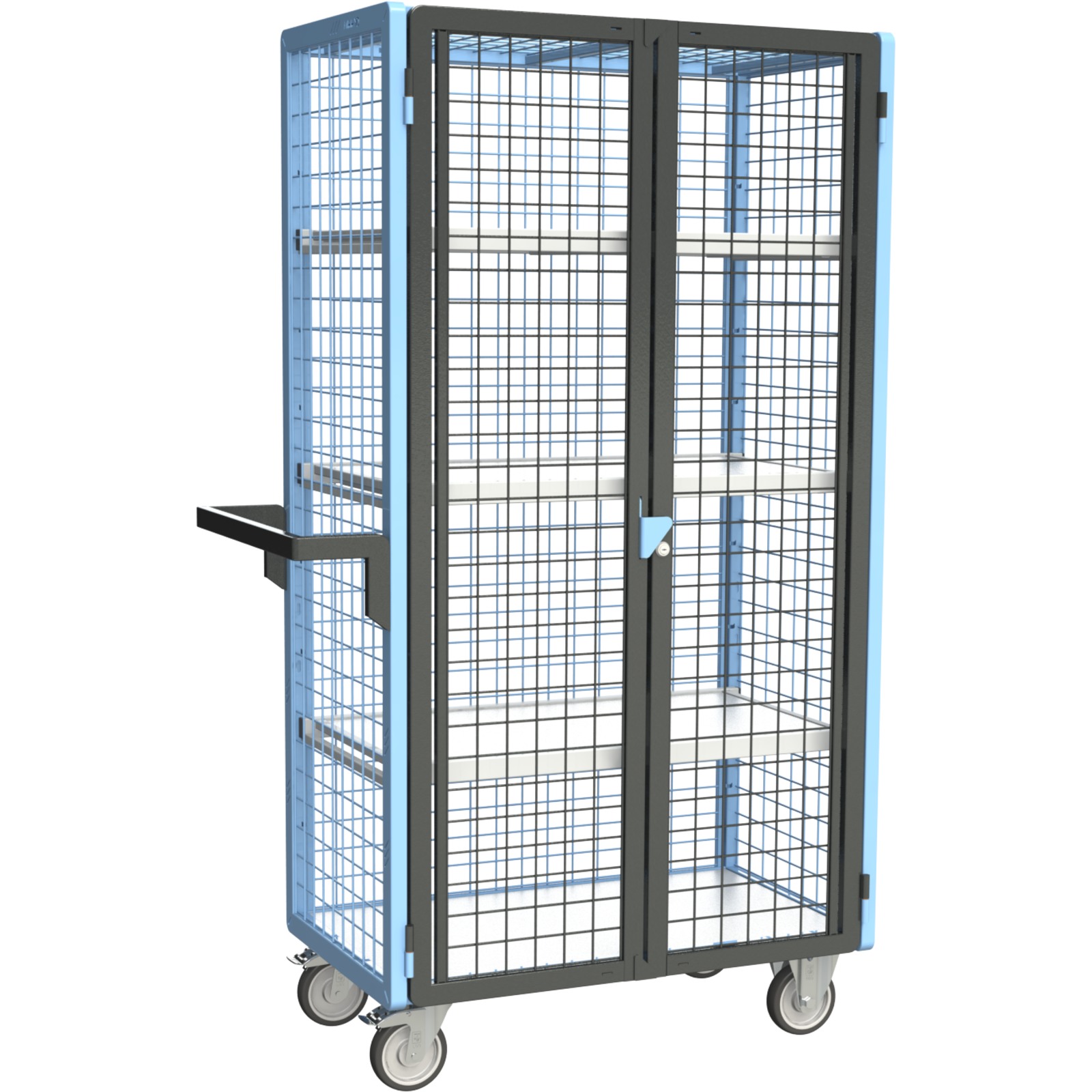 Servante grillagée 4 côtés, verrouillable, avec 3 étagères, plateau bois, 850x500 mm, 250 kg - FIMM - 880725116