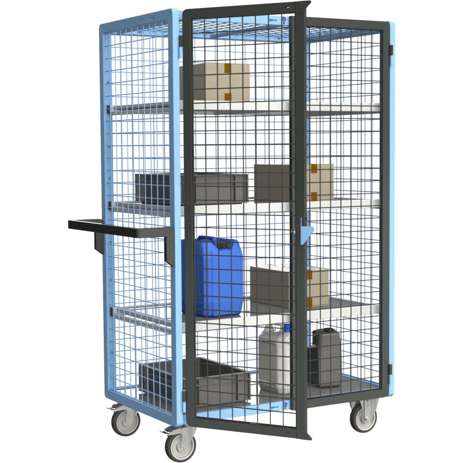 Servante grillagée 4 côtés, verrouillable, avec 3 étagères, plateau tôle galva, 1000x600 mm, 250 kg - FIMM - 880725156