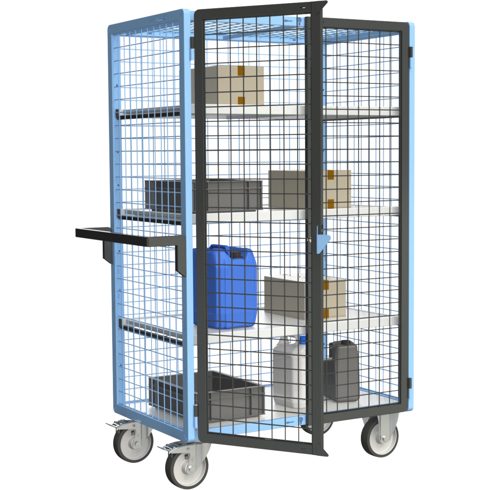 Servante grillagée 4 côtés, verrouillable, avec 3 étagères, plateau bois, 1000x600 mm, 500 kg - FIMM - 880725226