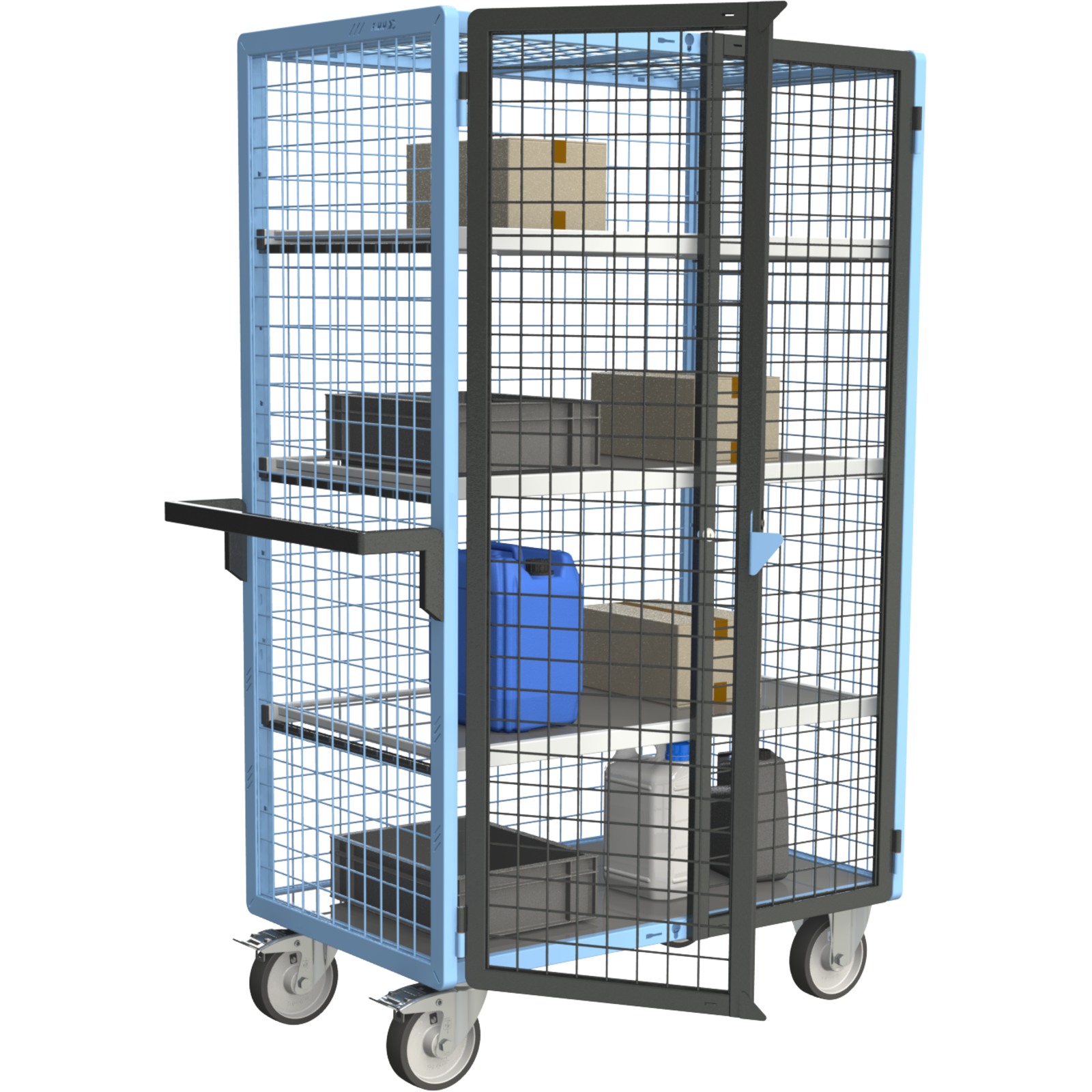 Servante grillagée 4 côtés, verrouillable, avec 3 étagères, plateau tôle galva, 1000x600 mm, 500 kg - FIMM - 880725256