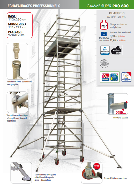 Echafaudage roulant aluminium pro haut de travail 9,90 m avec rattrapage de niveaux FACAL modèle CAPO C392CBLI22