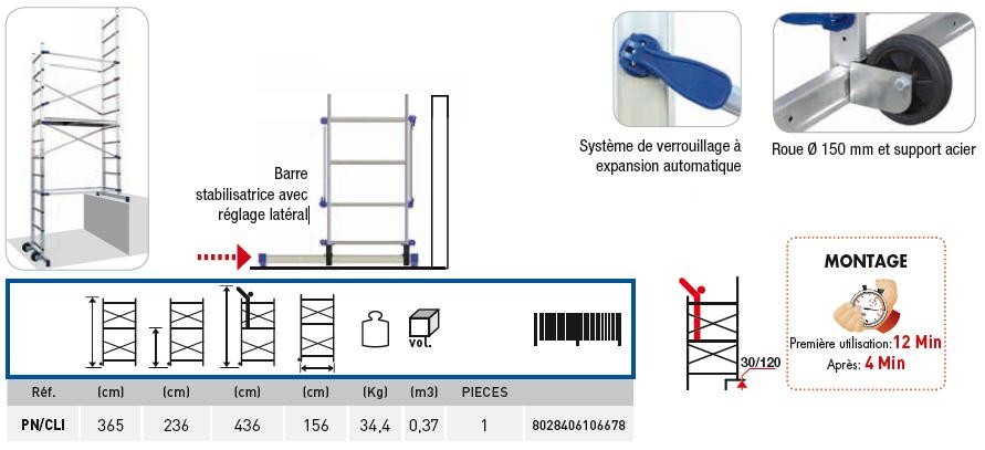 Echafaudage aluminium FACAL hauteur de travail 4,36 m PINNACLIC