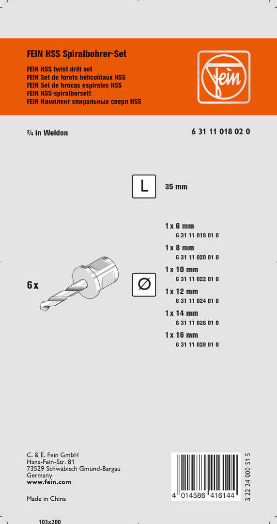 Set de forets hélicoïdaux HSS avec porte-outil Weldon 3/4 in FEIN - 63111018020