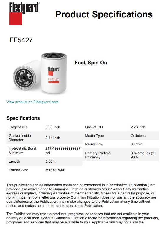 FILTRE A GAZOLE FLEETGUARD FF5427 EQUIVALENT HIFI SN 70200