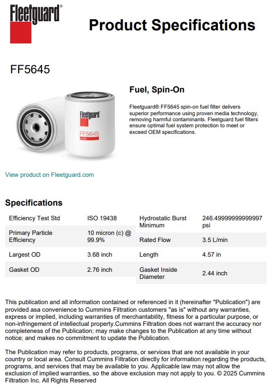 FILTRE A GAZOLE FLEETGUARD EQUIVALENT AU HIFI SN 70212