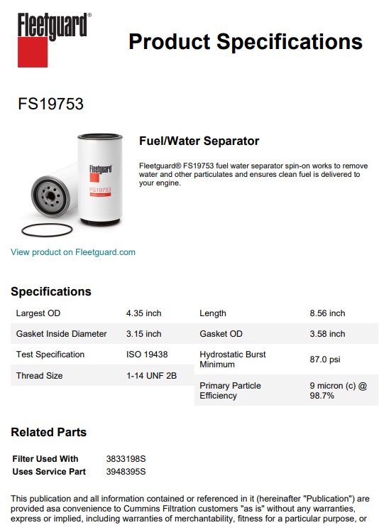 FILTRE A GAZOLE SEPARATEUR D EAU FLEETGUARD FS19753 EQUIVALENT HIFI SN 912210