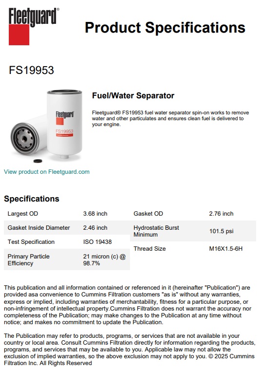 FILTRES A GASOIL FLEETGUARD FS19953 EQUIVALENT AU HIFI SN 40674