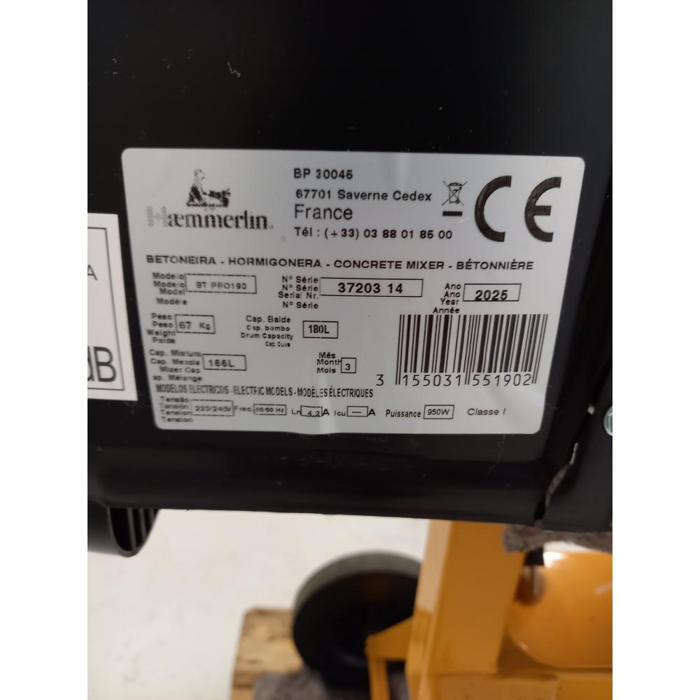 BÉTONNIÈRE ÉLECTRIQUE HAEMMERLIN PROFESSIONNELLE BT PRO 190 - OCCASION - 315519001