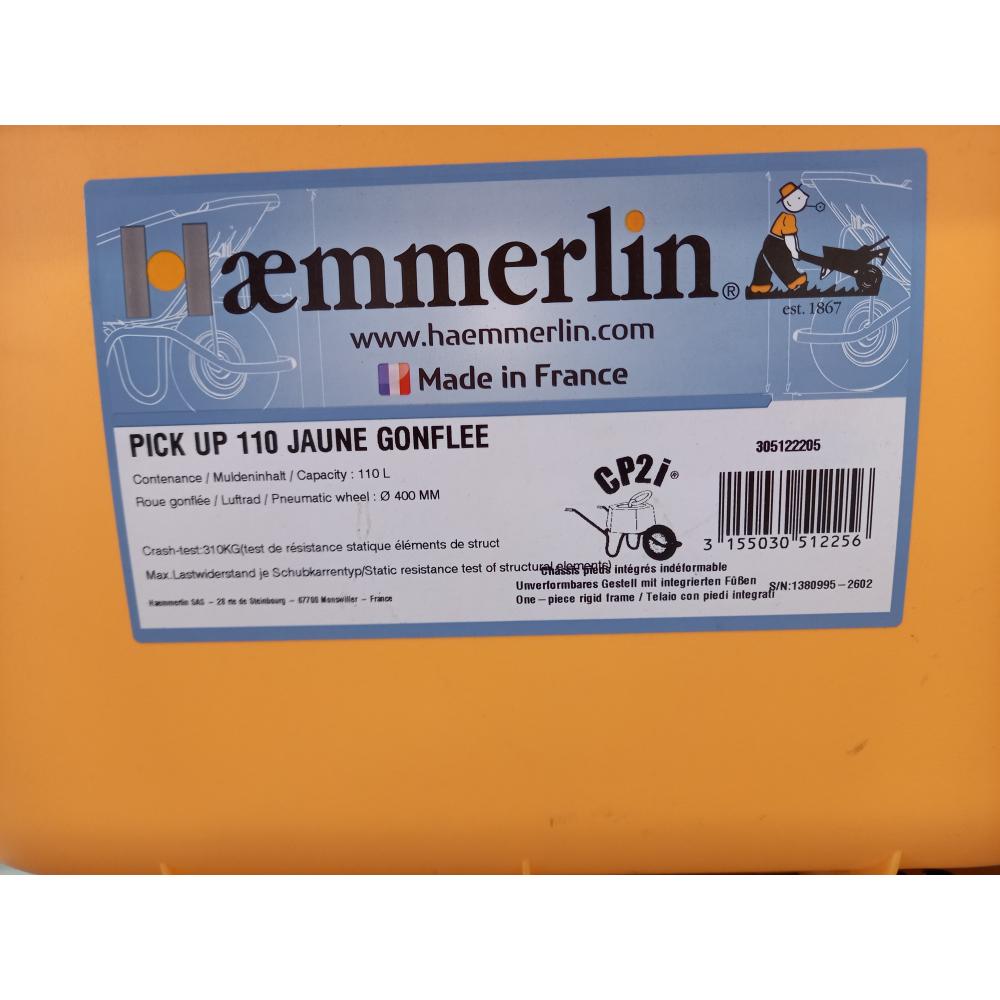 Brouette Haemmerlin Polypro Pick Up 110L Jaune Roue Gonflée- OCCASION  - 305122205