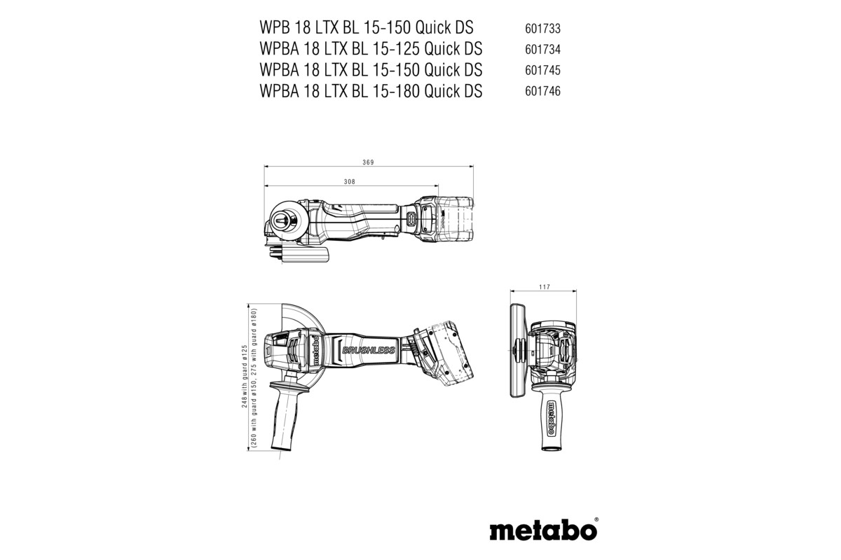 Meuleuse 125 mm 18 V WPBA 18 LTX BL 15-125 Quick DS - METABO - 601734840