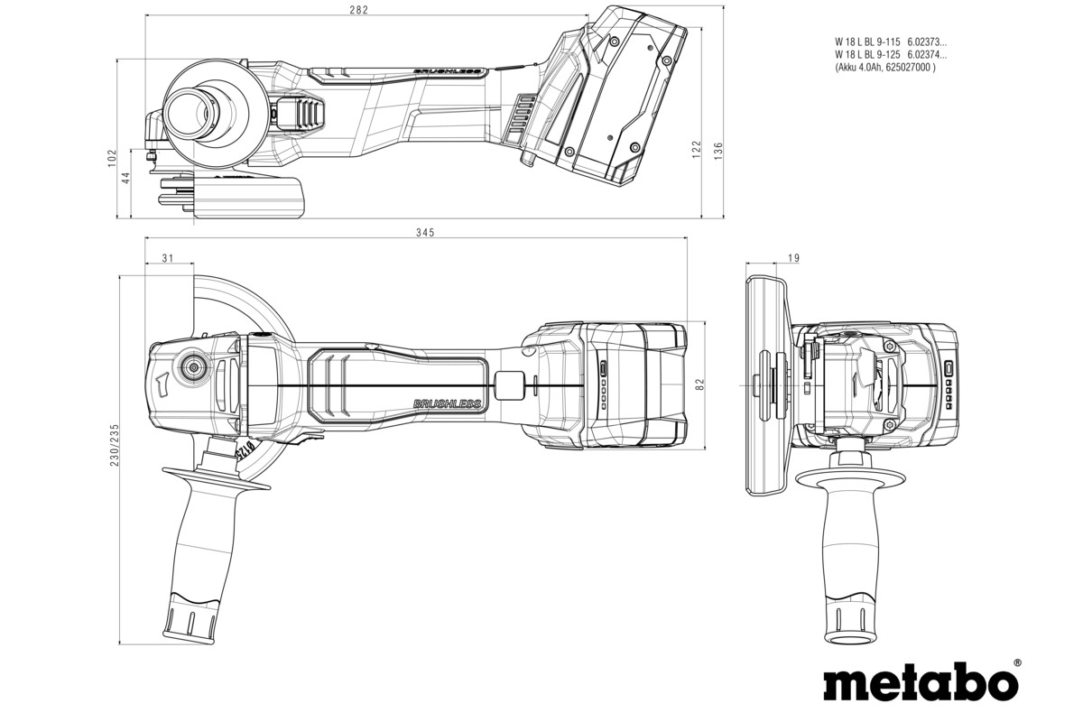Meuleuse 125 mm 18 V W 18 L BL 9-125  - METABO - 602374840
