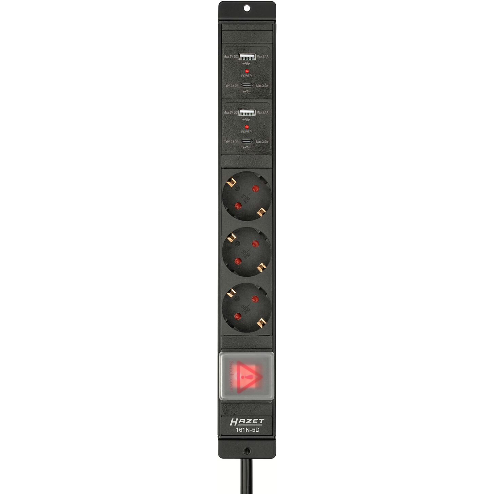 Bloc multiprises 3 prises Schuko 230 V 2 USB-A 2 USB-C 205 cm câble HAZET - 161N-5D