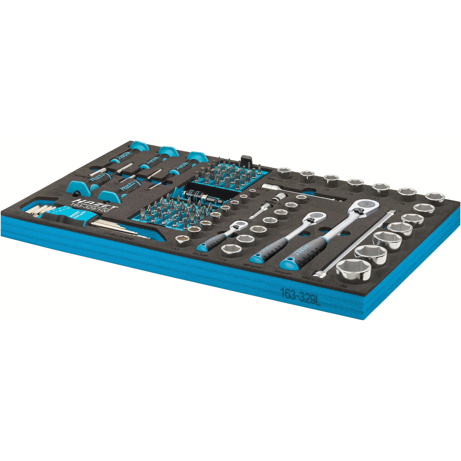 Jeu d'outils 100 pièces carré creux 1/4 3/8 1/2 pouce avec cliquet HiPer mousse bimatière HAZET - 163-329/100